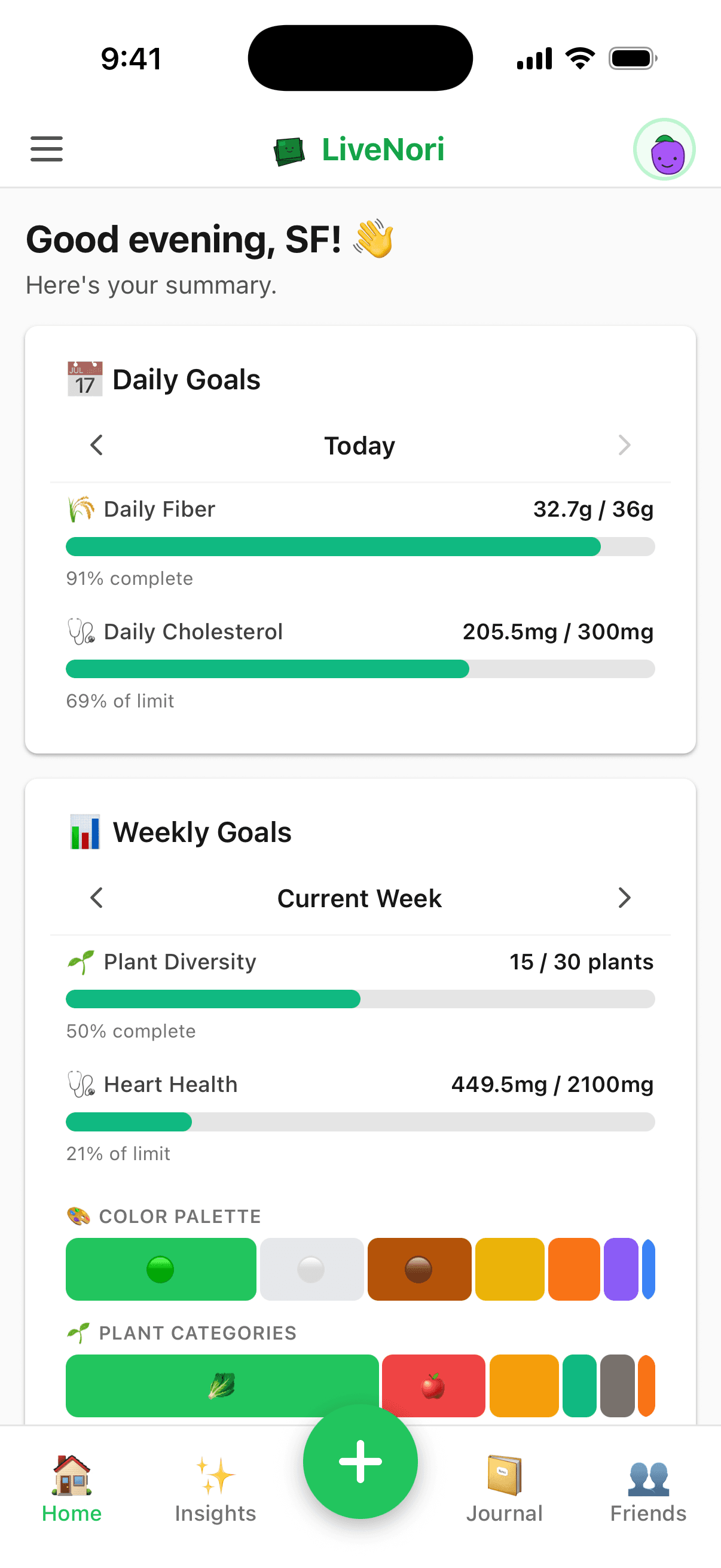 The LiveNori home screen: daily fiber and cholesterol goals, and a weekly plant-diversity score of 15 out of 30