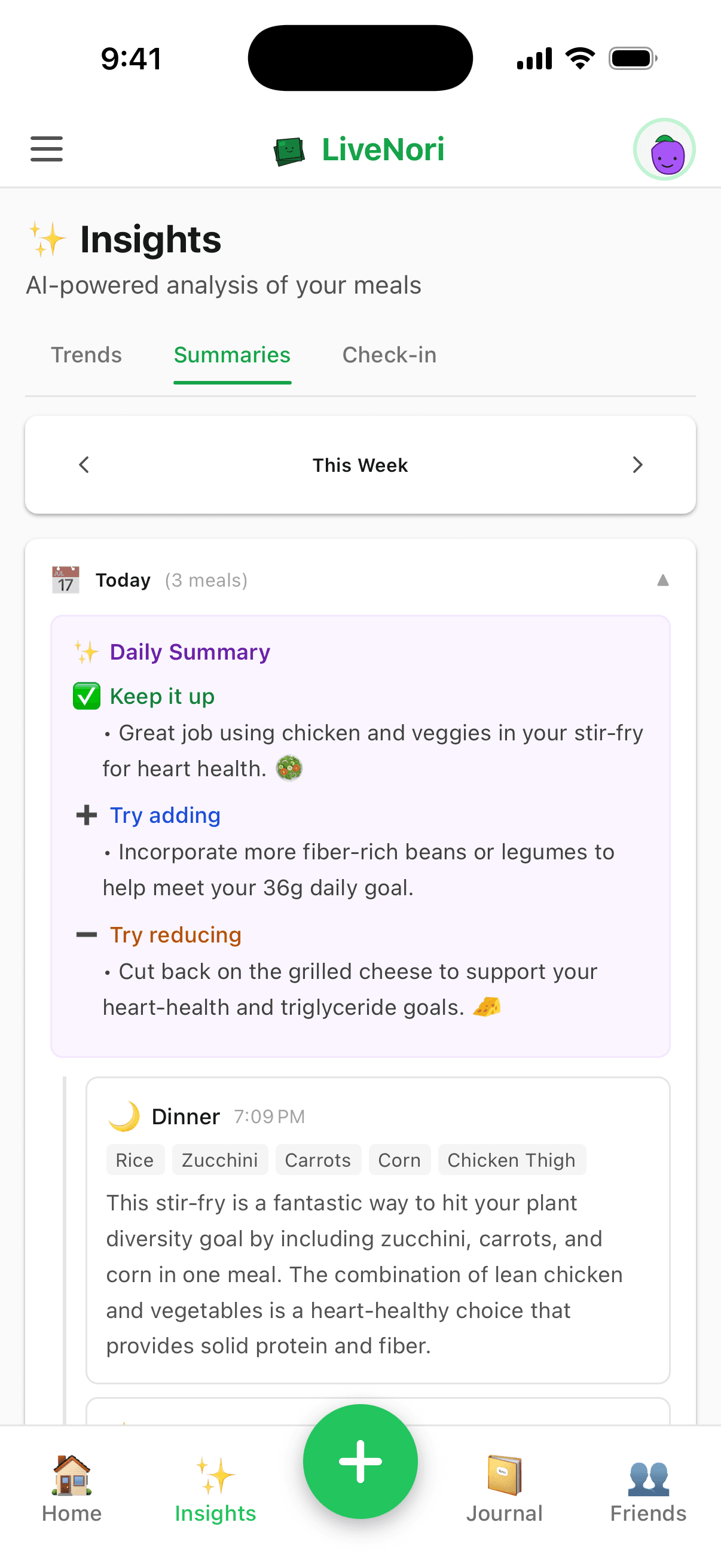 The LiveNori Insights tab: an AI daily summary with what to keep up, add, and reduce, plus a per-meal breakdown